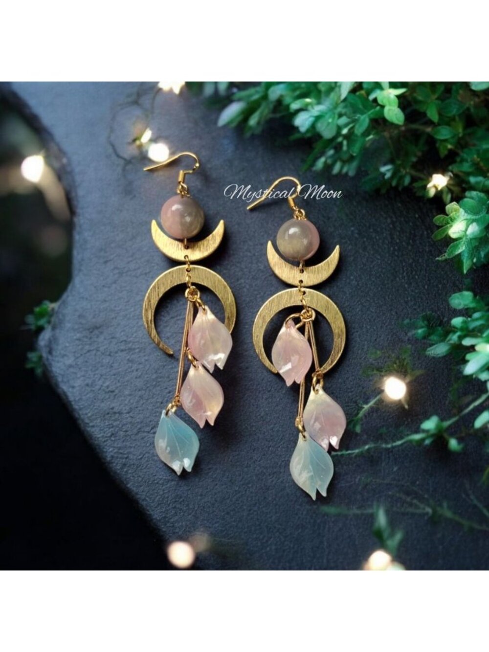Crescent Moon Dangle Earrings Celestial Gold Moon Jewelry Pastel Leaf Earrings